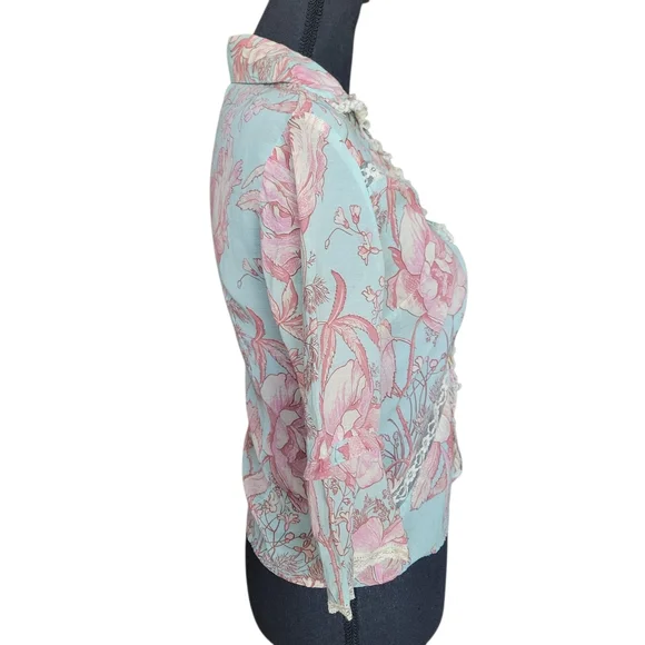 Odille Anthropologie Teal and Pink Vintage Floral Lace Trim Blouse Womens Size 2 - Picture 3 of 10